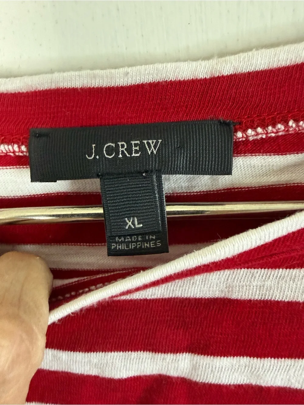 J Crew red and white striped long sleeve boat, neck 100% cotton pop over top XL